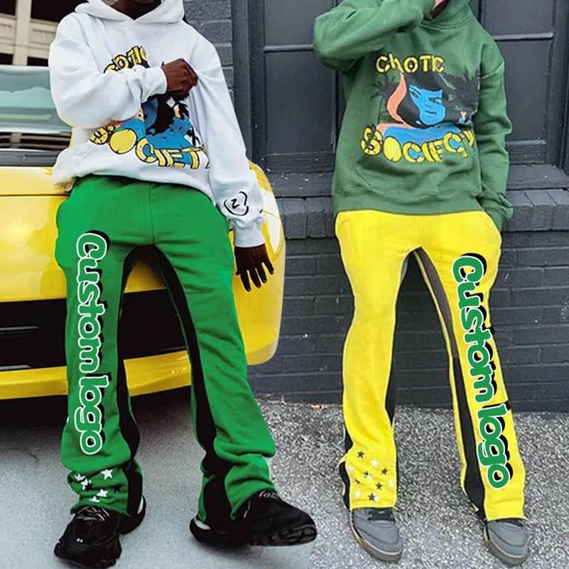 Custom Wholesale Jogger Sweat Flared Pants Graffiti Paint Splatters Breathable Flare Pants Stacked Flare Sweat Pants Men