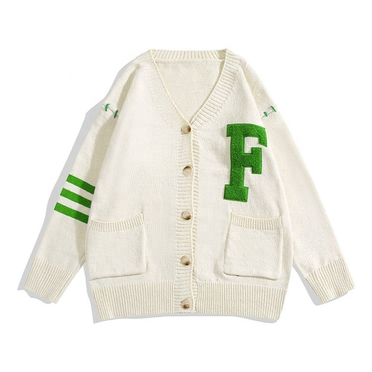 Breathable Custom Unisex College Button Knitted Cardigan Sweater University Embroidered Patched Pattern Varsity Sweater Cardigan