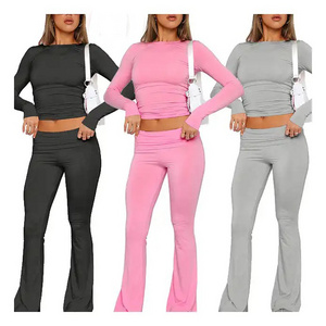 Custom Logo Fall Winter 2024 2 Pieces Set Women Clothes Casual Pink Clothes Long Sleeve Top And Low Waist Flare Pants Sets