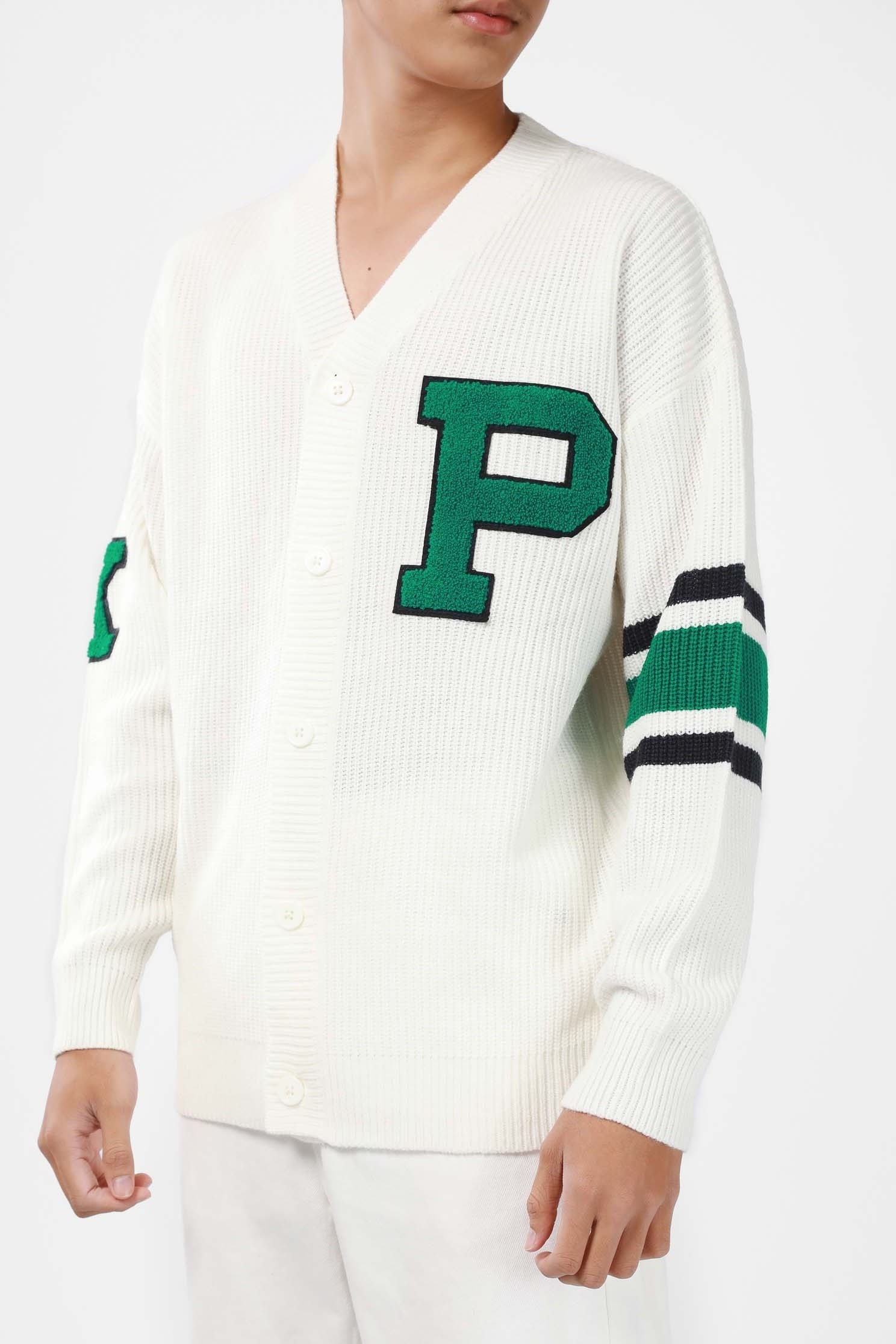 Breathable Custom Unisex College Button Knitted Cardigan Sweater University Embroidered Patched Pattern Varsity Sweater Cardigan