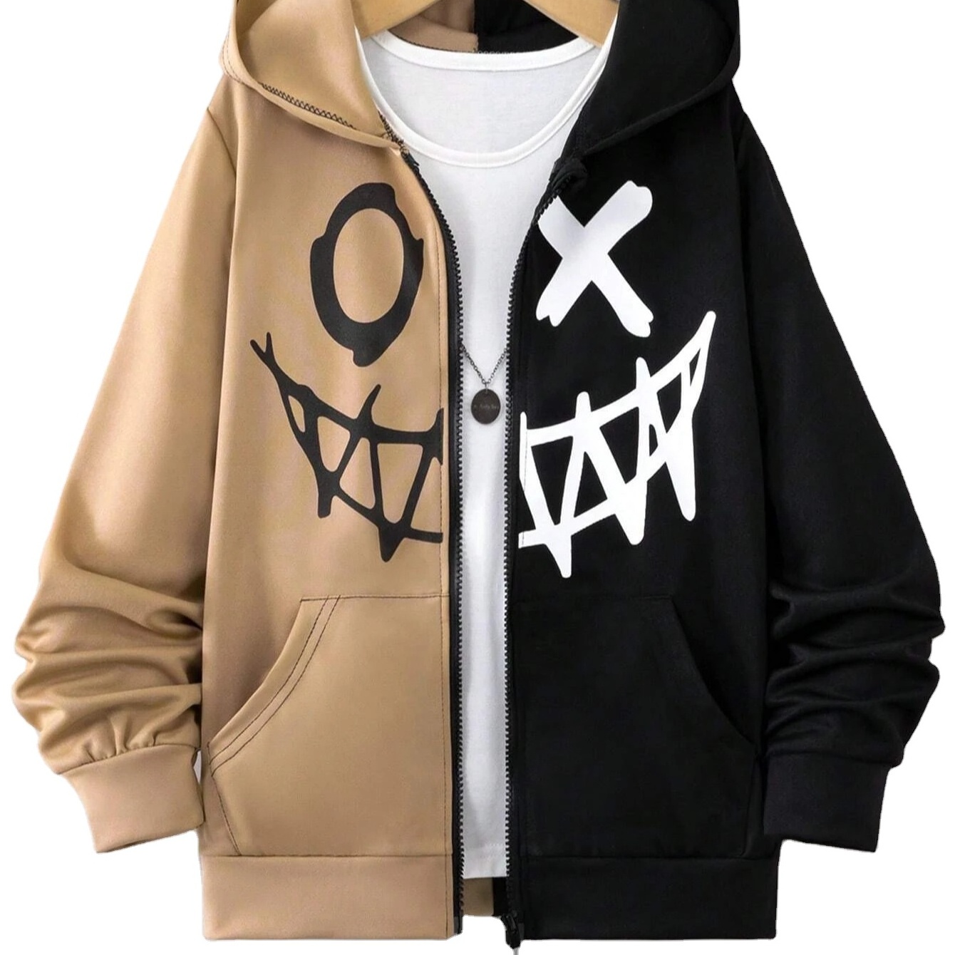 Wholesale High Quality  Expression Print Two Tone zip Up Fleece Hoodie Without Tee Custom OEM