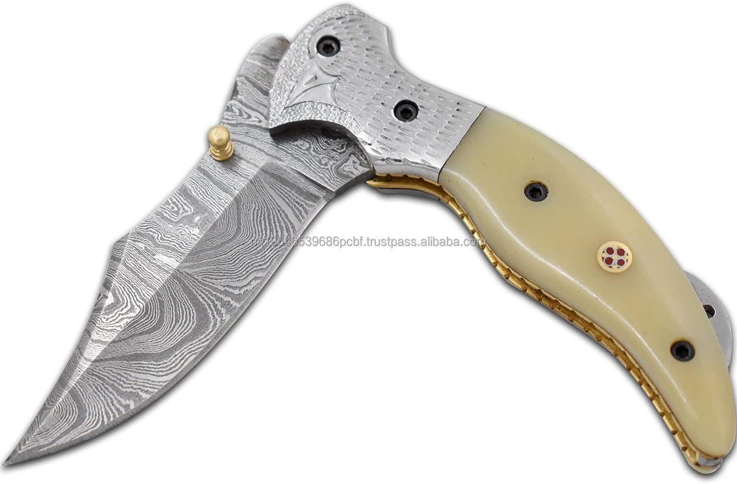 Custom Damascus Steel Pocket Knife Hand Engraved Steel Bolster Bone Handle Outdoor Hunting Folding Knife Tactical With Sheath