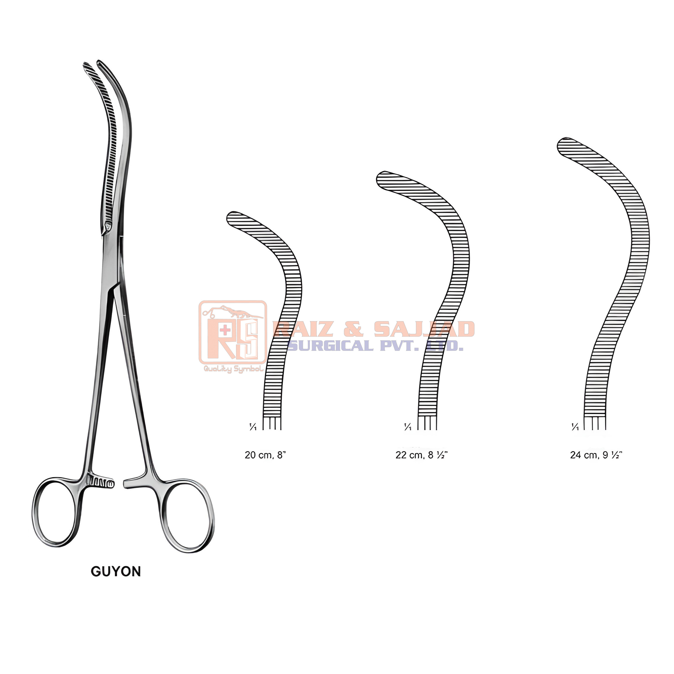 Top-Notch Quality Guyon Kidney Pedicle Clamp Forceps, Stainless Steel, ISO, CE, Approved, Custom Sizes, Matt and Polish Finish