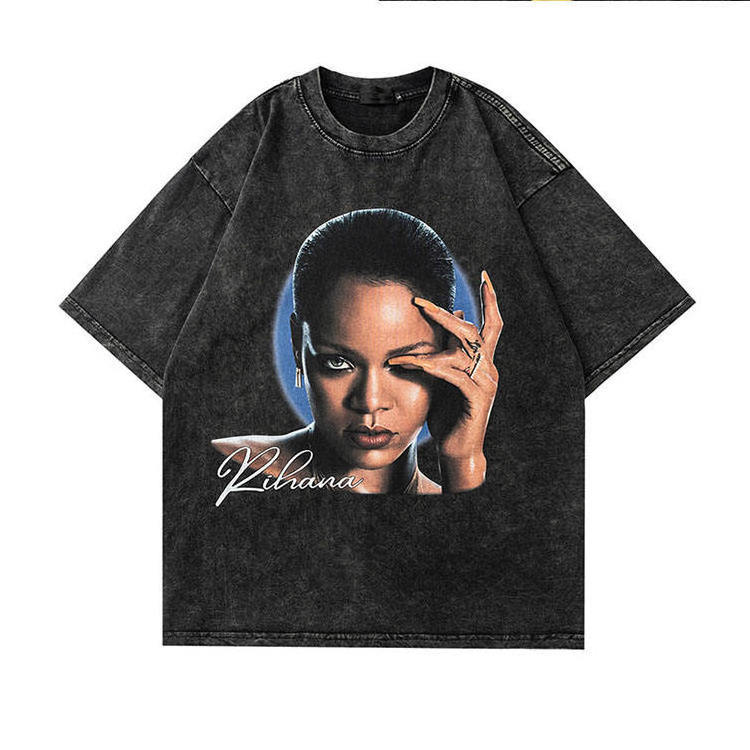 Manufacturer wholesale heavyweight streetwear t-shirt 100% cotton black tee custom character head printing acid wash t shirt