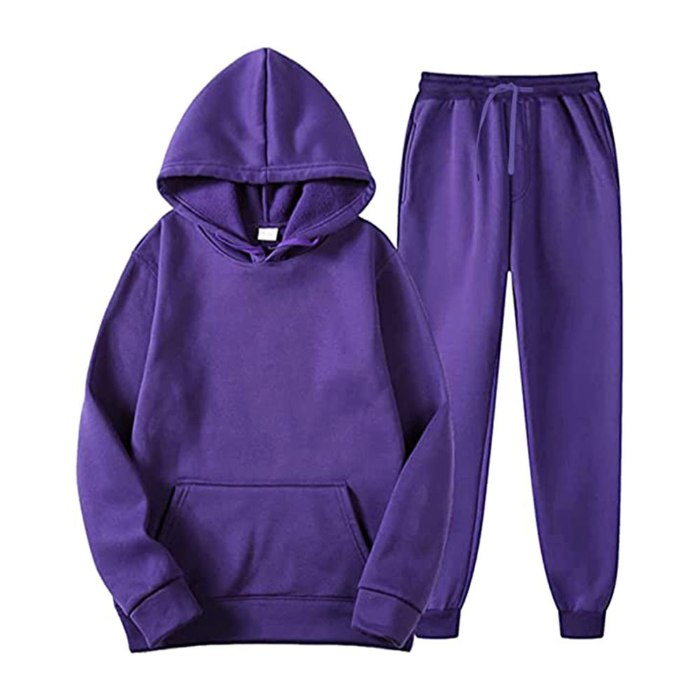 Sportswear Custom Logo Plain Purple Pullover Hoodie And Pants Tracksuits Two Piece Winter Warm Training Plain Sweat suits