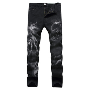 Gama Sports High Quality Men's Rock Denim Jeans Skeleton Skull Print Jeans Leisure Black Denim Pants for Men