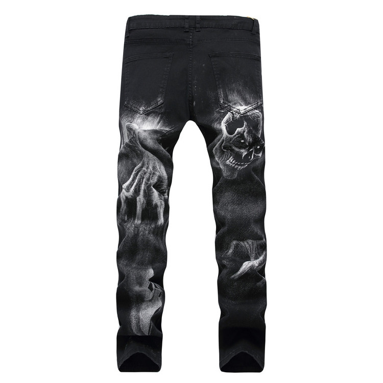 Gama Sports High Quality Men's Rock Denim Jeans Skeleton Skull Print Jeans Leisure Black Denim Pants for Men