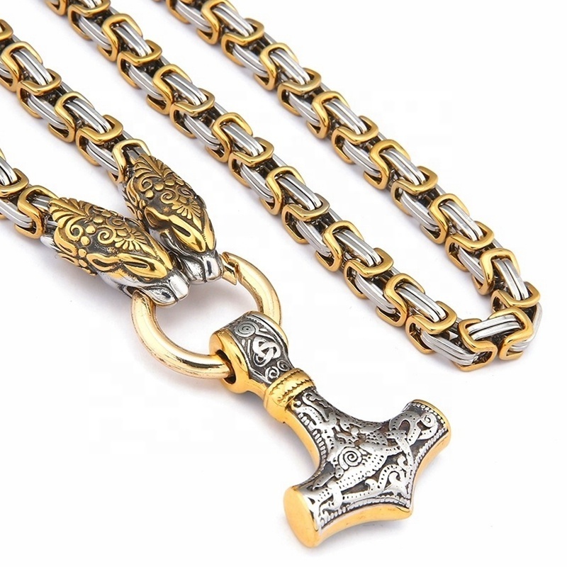 Nordic Viking Wolf Head Necklace Byzantine King Chain Necklace Stainless Steel 18K Gold Mens Thor Hammer Necklace