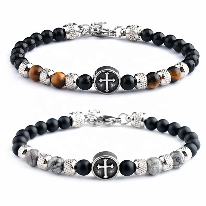 Vintage Bead Cross Charm Bracelet Stainless Steel Metal Beads Natural Stone Bracelet Beaded Bracelet For Men