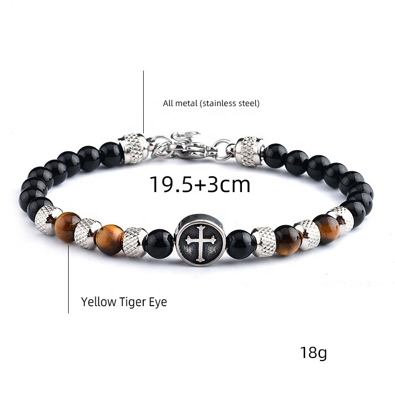 Vintage Bead Cross Charm Bracelet Stainless Steel Metal Beads Natural Stone Bracelet Beaded Bracelet For Men