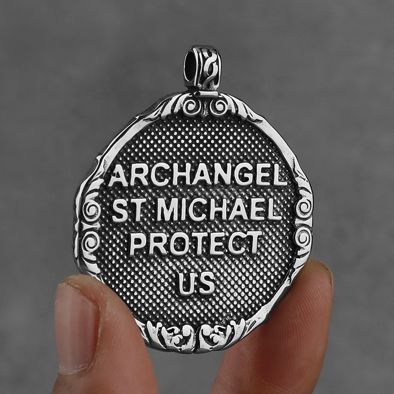 Vintage Stainless Steel Archangel Pendant Religious Mens Christian Guardian Angel St Michael Protect Us Cross Pendant Necklace