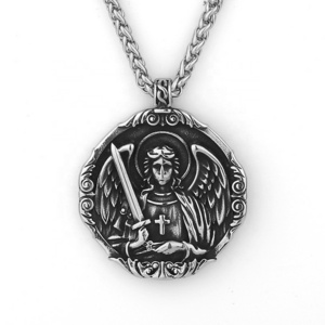 Vintage Stainless Steel Archangel Pendant Religious Mens Christian Guardian Angel St Michael Protect Us Cross Pendant Necklace