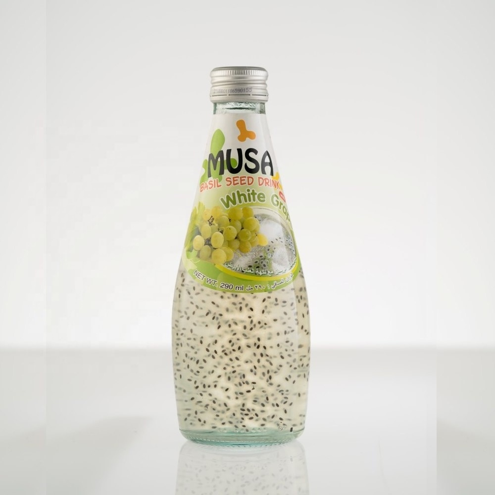 Basil Seed Drink Juice White Grape Glass bottle 290ml MUSA Brand. Bottle water beverage , Made in Thailand , product of Thailand