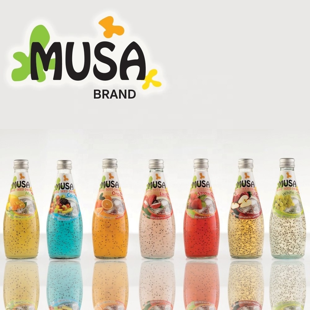 Basil Seed Drink Juice Lychee Glass bottle 290ml MUSA Brand. Bottle water beverage , Made in Thailand , product of Thailand