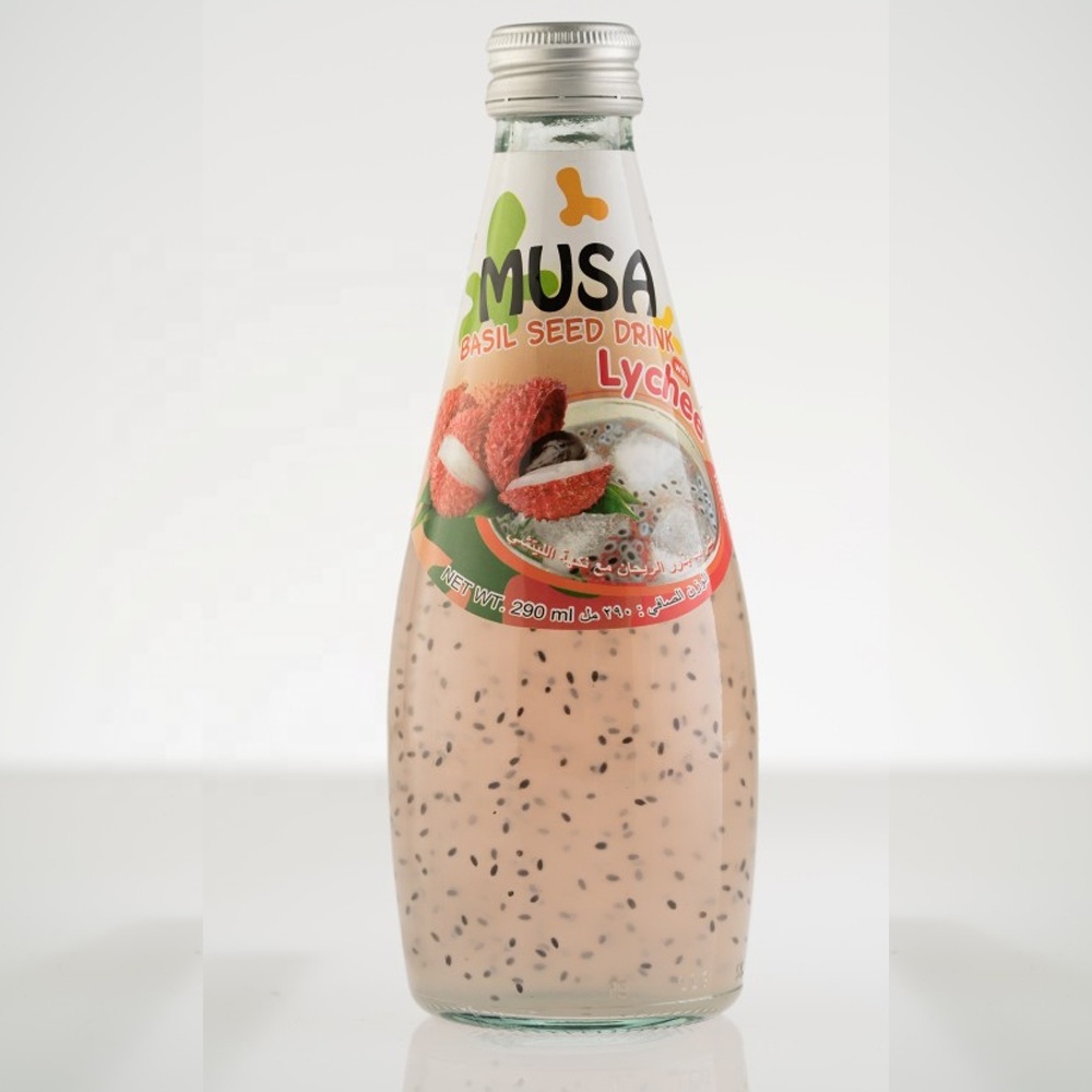 Basil Seed Drink Juice Lychee Glass bottle 290ml MUSA Brand. Bottle water beverage , Made in Thailand , product of Thailand