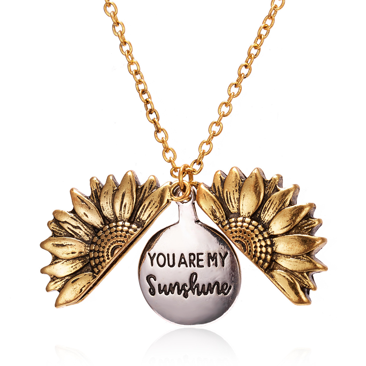 Iridescence Rainbow Color You Are My Sunshine Unfold Locket Sunflower Pendant Necklace