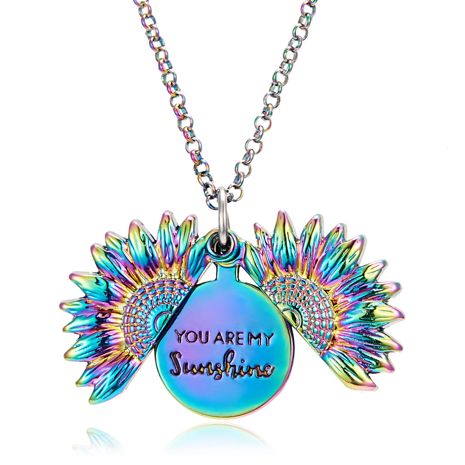 Iridescence Rainbow Color You Are My Sunshine Unfold Locket Sunflower Pendant Necklace