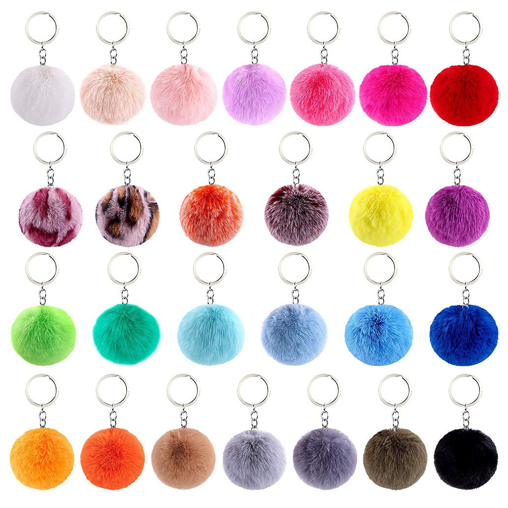 2024 wholesale factory's multi colors fur ball cute puff key ring 8cm pompom keychain for women