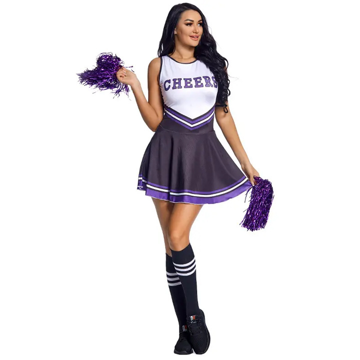 one piece Womens Adults Cheerleading Costume Uniform Carnival Cosplay Outfit Dress with cheer pom