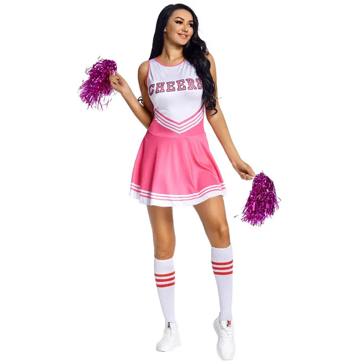 one piece Womens Adults Cheerleading Costume Uniform Carnival Cosplay Outfit Dress with cheer pom