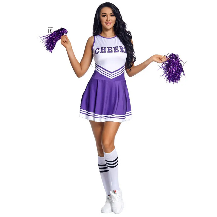 one piece Womens Adults Cheerleading Costume Uniform Carnival Cosplay Outfit Dress with cheer pom