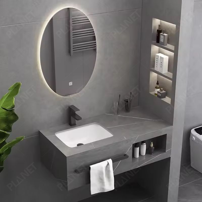 Customized modern rock plate sink artificial sintered stone slate cabinet basin wall hung bathroom single sink