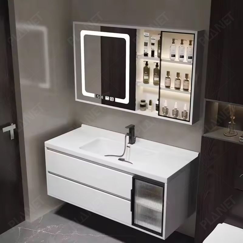 Modern Simple Design Bath Wall Mounted Bathroom Mirrored Vanity Cabinet With Ceramic Sink