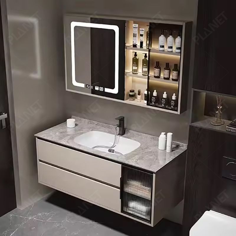 Modern Simple Design Bath Wall Mounted Bathroom Mirrored Vanity Cabinet With Ceramic Sink