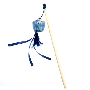 Blue feather bell wooden rod teasing cat stick pet interactive movement toys