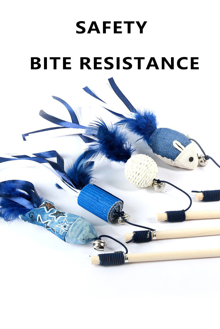 Blue feather bell wooden rod teasing cat stick pet interactive movement toys