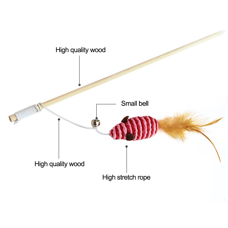 Pet Cat Teaser Feather Linen Wand Cat Catcher Teaser Stick Pet Interactive Toys Wood Rod Mouse Toy Cat Toys