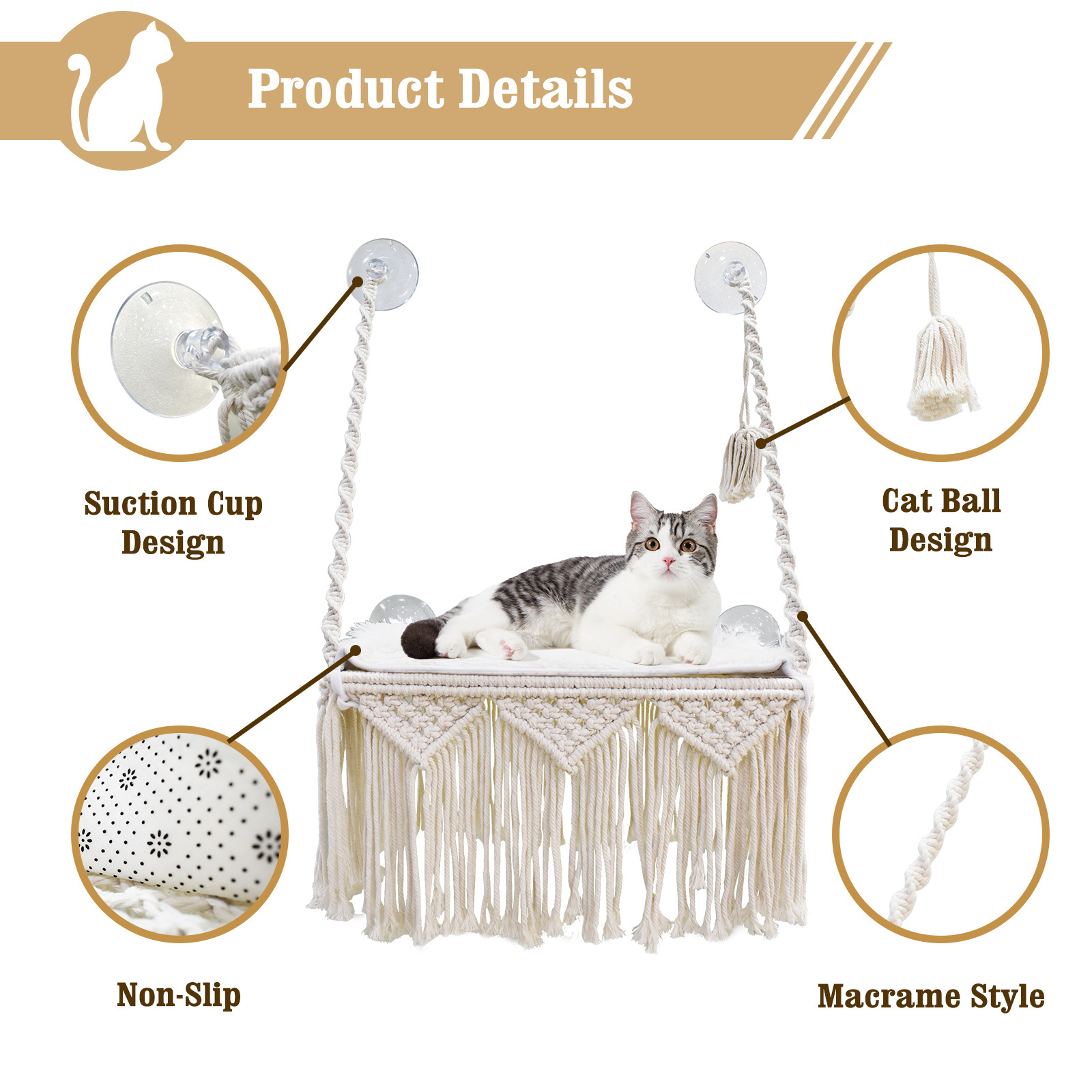 Hot Sale Safety Macrame Cat Window Perch Boho Cat Hammock Wall Mounted Pet Resting Seat Bed for Indoor Cats