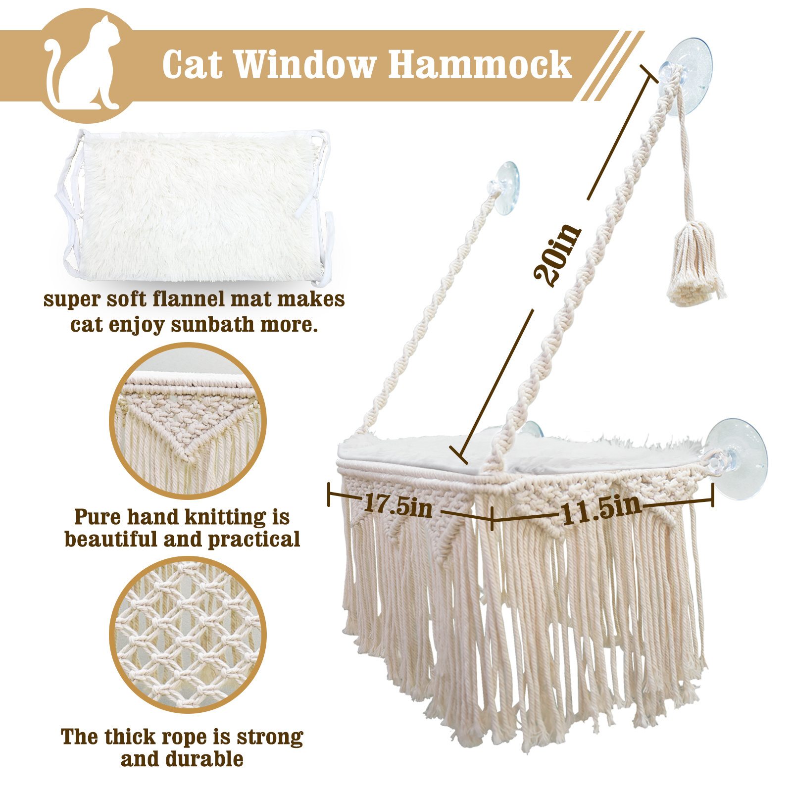 Hot Sale Safety Macrame Cat Window Perch Boho Cat Hammock Wall Mounted Pet Resting Seat Bed for Indoor Cats