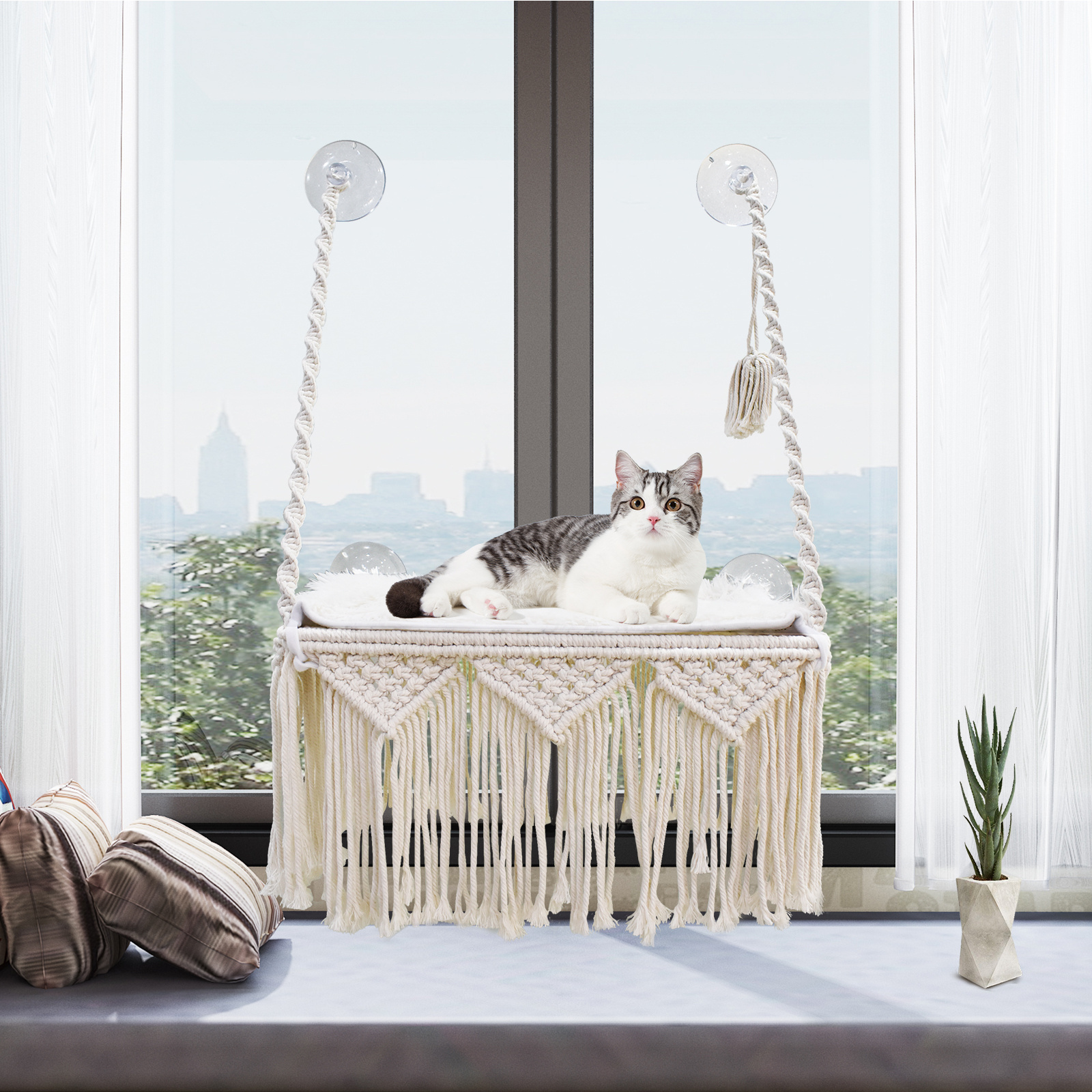 Hot Sale Safety Macrame Cat Window Perch Boho Cat Hammock Wall Mounted Pet Resting Seat Bed for Indoor Cats