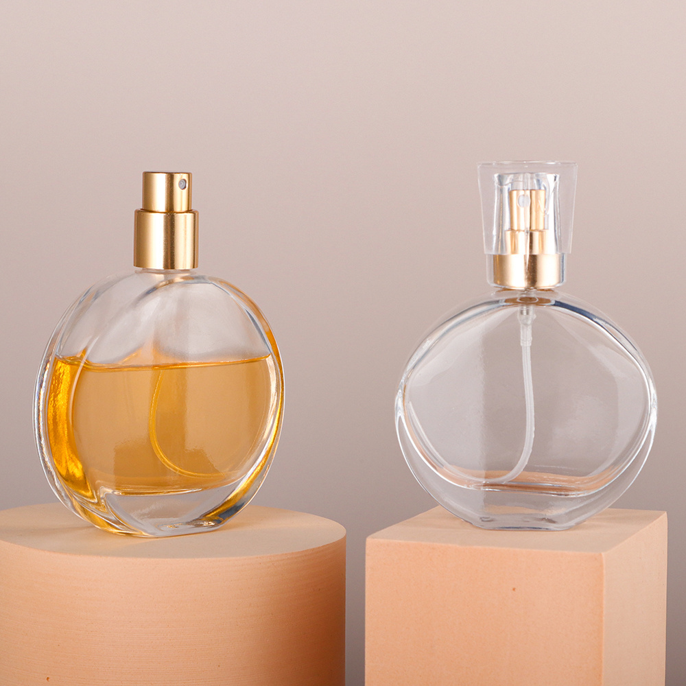 OEM Custom Logo Empty Luxury Refillable Flat Botol Parfum Mist Spray 50Ml 30Ml Transparent Glass Round Perfume Bottle