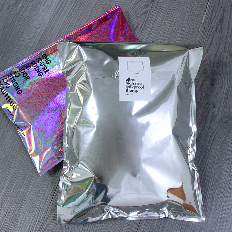 Custom Logo Glossy Metallic Self Adhesive Aluminum Foil Clothing Holographic Laser Poly Mailers Shipping Mailing Bag