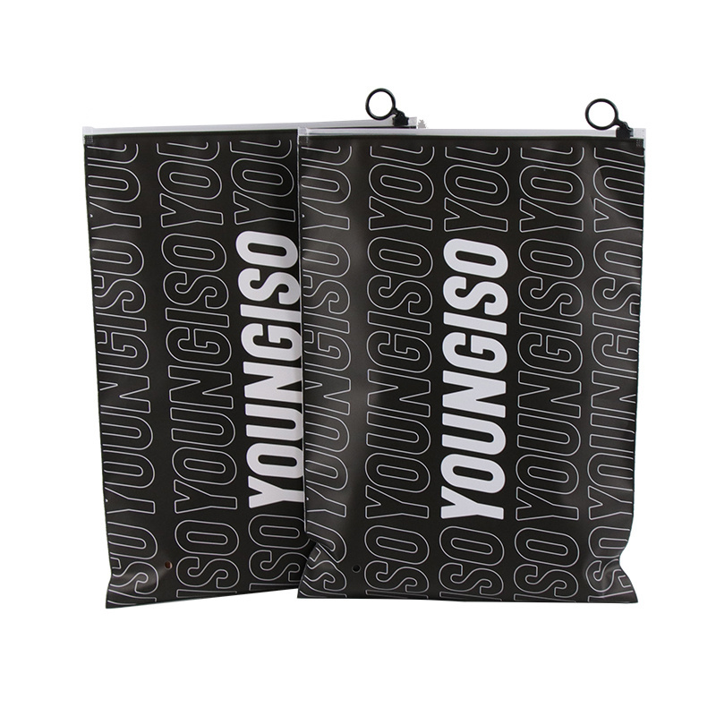 Custom Printed Matte black Ziplock Bags Packaging Hoodies T Shirt Garment Bag with Hoops Resealable Plastic bags