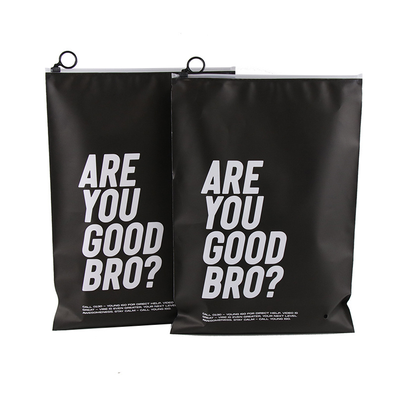 Custom Printed Matte black Ziplock Bags Packaging Hoodies T Shirt Garment Bag with Hoops Resealable Plastic bags