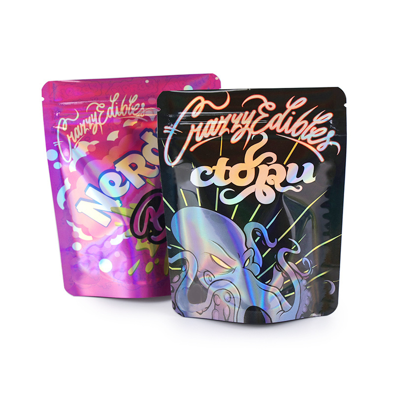 Custom LOGO gold dye cut hologram mylar Smell Proof zip lock laser plastic zip stand up holographic resealable bags