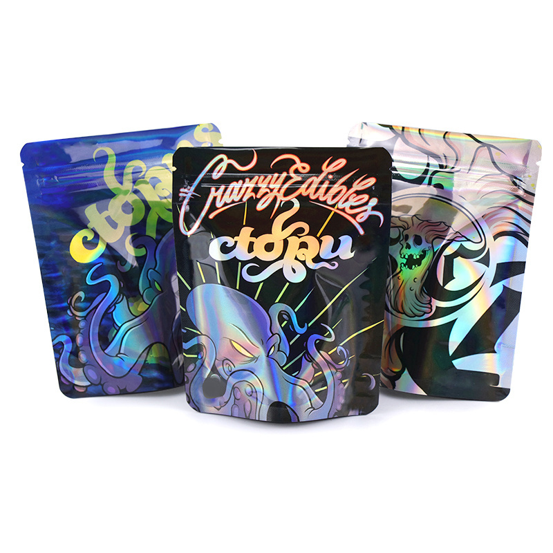 Custom LOGO gold dye cut hologram mylar Smell Proof zip lock laser plastic zip stand up holographic resealable bags