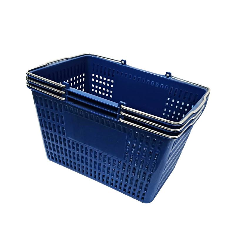 High Quality 595*385*390 Supermarket Mesh Plastic Shopping Carts Baskets In Retail Essentials With Metal Double Handles