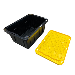 Large Black Storage Tote 27 Gal Gallon tool Stackable Storage Totes with Yellow Lid