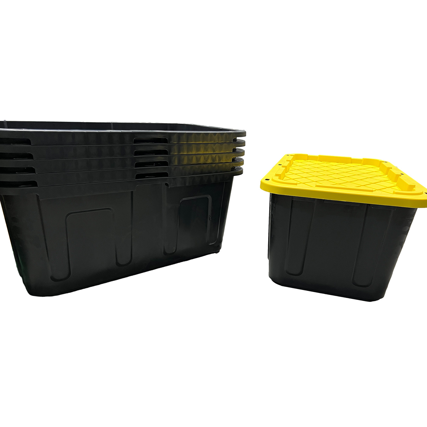 Large Black Storage Tote 27 Gal Gallon tool Stackable Storage Totes with Yellow Lid