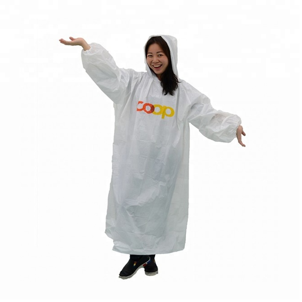 Factory Printed White Disposable Plastic Rain Coat Waterproof with Hood