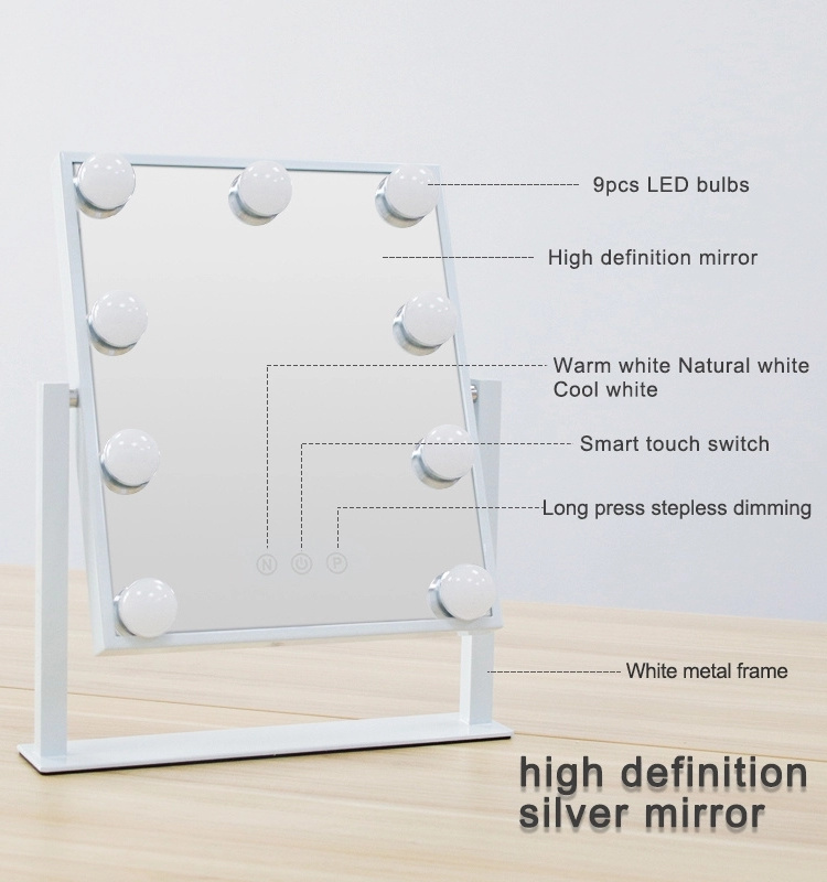 Factory Wholesale Hollywood Style Vanity Mirror 9 PCS Lighted Bulbs with Touch Switch Brightness Adjustment Square Shape Present