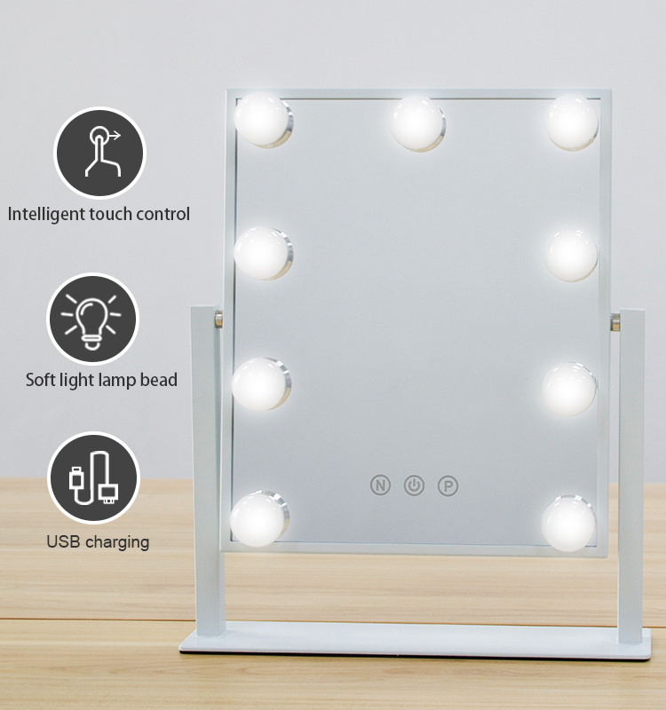 Factory Wholesale Hollywood Style Vanity Mirror 9 PCS Lighted Bulbs with Touch Switch Brightness Adjustment Square Shape Present