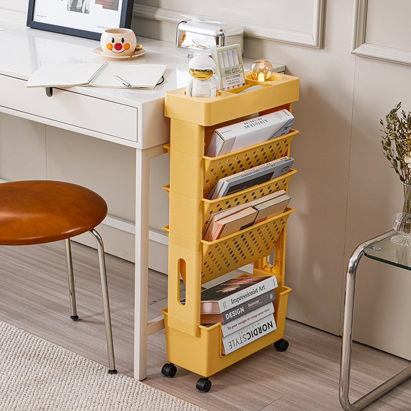 5 Tier Removable Plastic Bookrack with Practical Rolling Organization Shelf and Wheel Convenient Storage Bookshelf