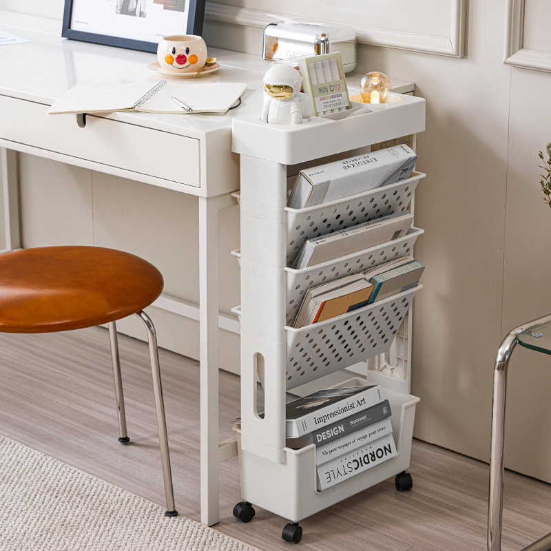 5 Tier Removable Plastic Bookrack with Practical Rolling Organization Shelf and Wheel Convenient Storage Bookshelf