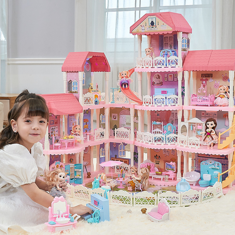 Luxury Girls Furniture Doll House Set 4 Floor Princess Castle Dollhouse