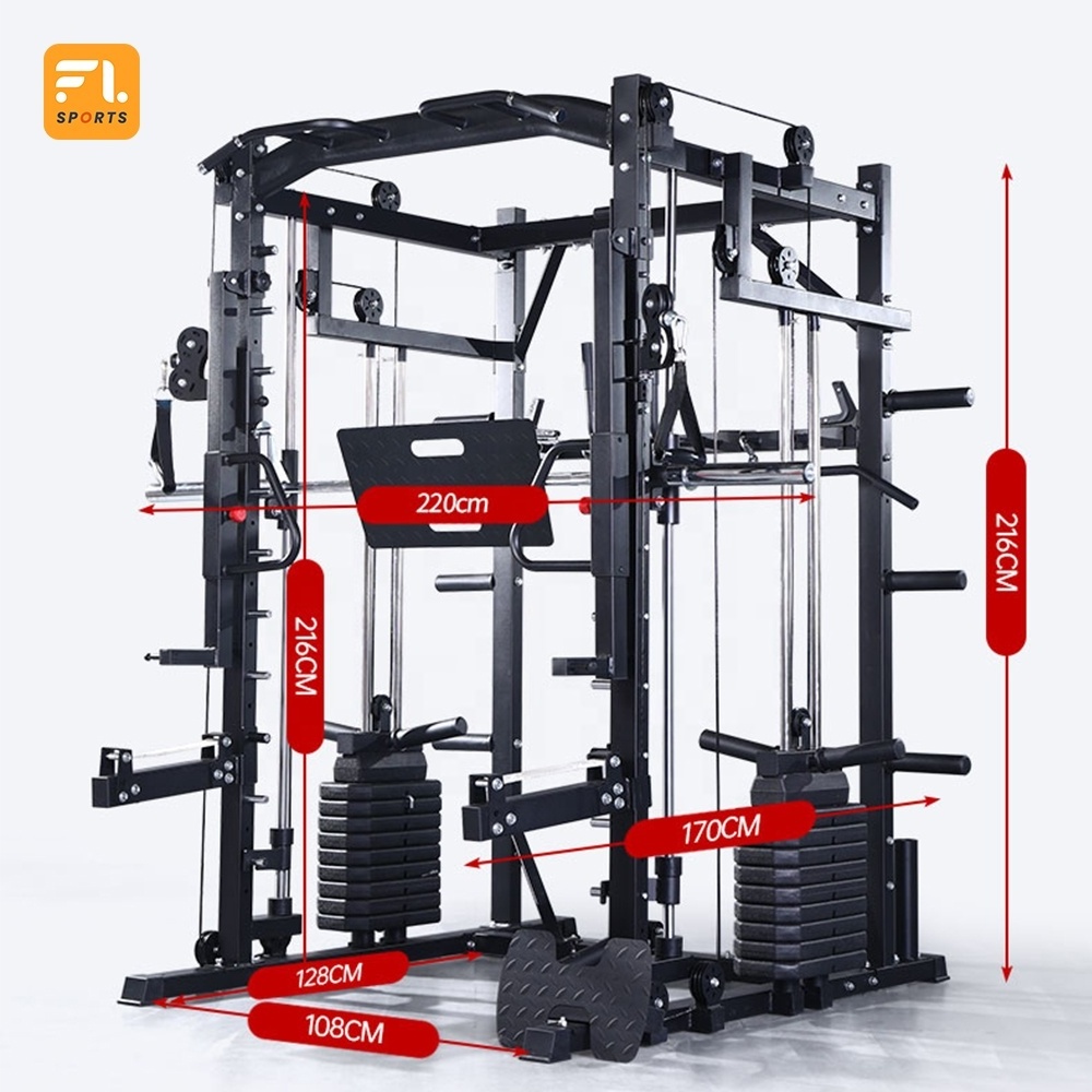 Smith Machine, Multifunction Power Cage with Smith Bar and Two LAT Pull-Down Systems and Cable Crossover Machine for Home Gym